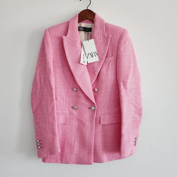 Zara Pink Double Breasted Textured Blazer Jacket  Size XS - Picture 8 of 14